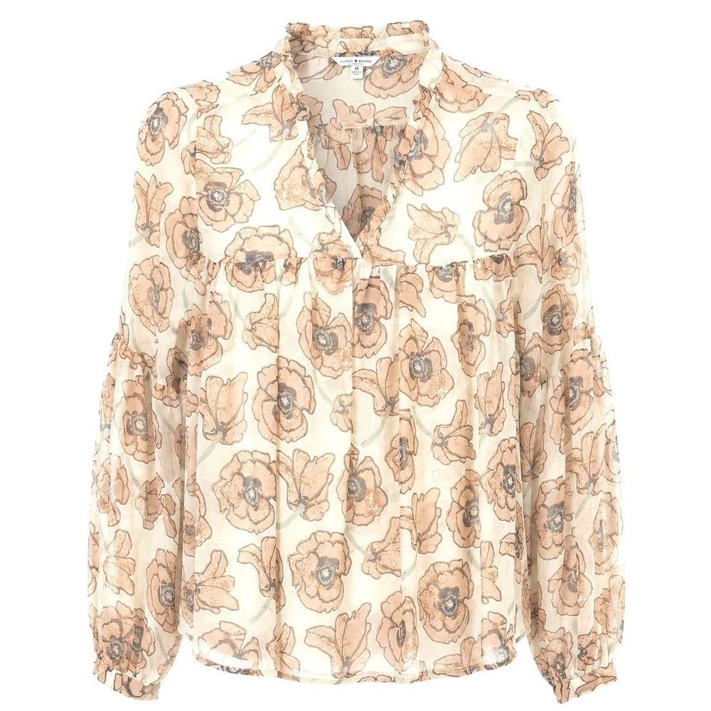 Lucky Brand Peasant Blouse Floral Ruffle Neck Balloon Sleeve Tan Womens M‎ Y2K